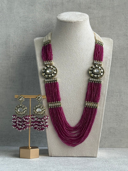 Ayura Designs Sienna Set – Long Layered Necklace & Earrings with Berry Pink Beads, Mirror-Cut Kundan & Pearl Detailing