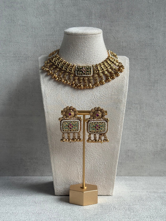 Ayura Designs Uma Set – Antique Gold Necklace & Earrings with Mint Green Enamel, Ruby Meenakari & Pearl Detailing