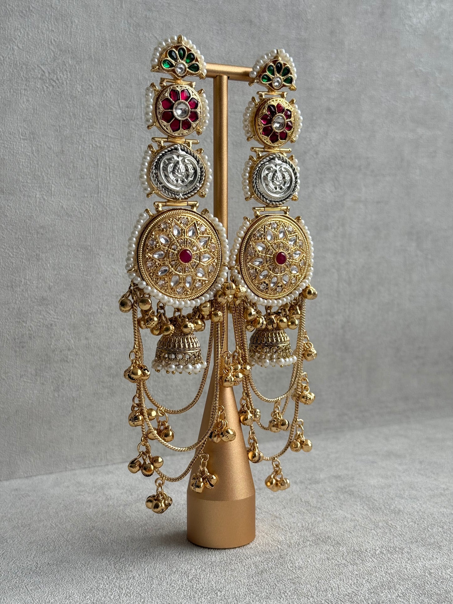 Ayura Designs Zeenia – Statement Kashmiri Earrings with Pearl Borders, Jhumki Drops, Multicolour Meenakari & Ghungroos