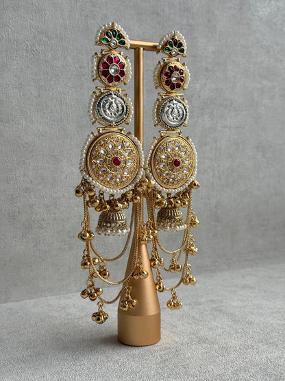 Ayura Designs Zeenia – Statement Kashmiri Earrings with Pearl Borders, Jhumki Drops, Multicolour Meenakari & Ghungroos