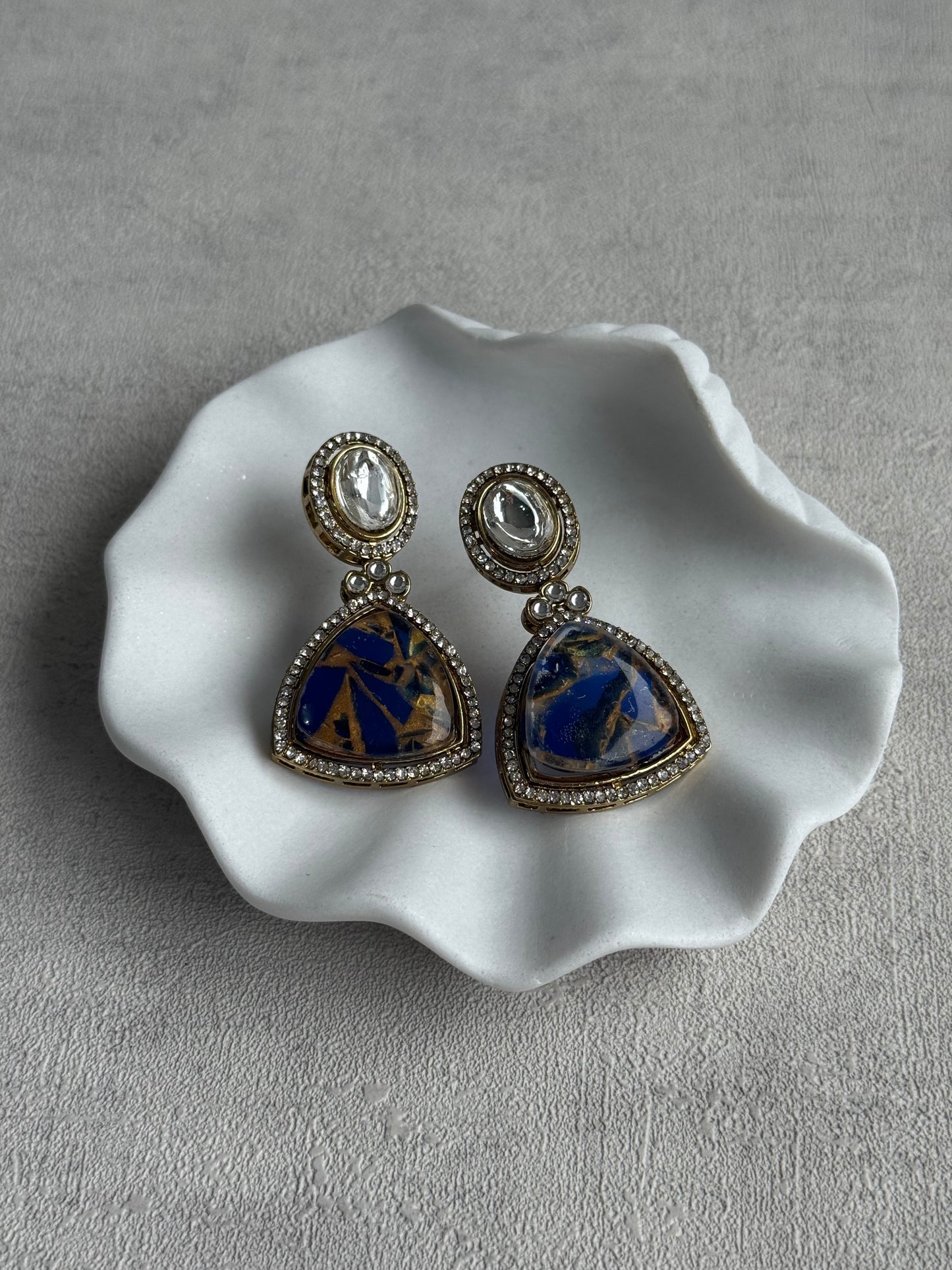 Ayura Designs Florence Earrings – mirror cut studs with Deep Ink Blue Marble Resin & Crystal Borders