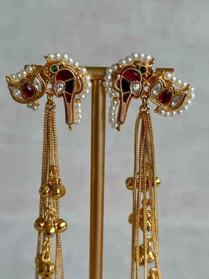 Ayura Designs Aman Earrings with Sahare – Kashmiri-Inspired Meenakari in Ruby Red & Emerald Green with Bird & Lotus Motifs