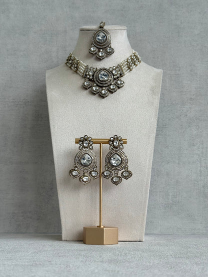 Ayura Designs Rahi Necklace Set with Earrings & Tikka – Ivory Pearl Stones with Mirror-Cut Detailing & Pearl Strands