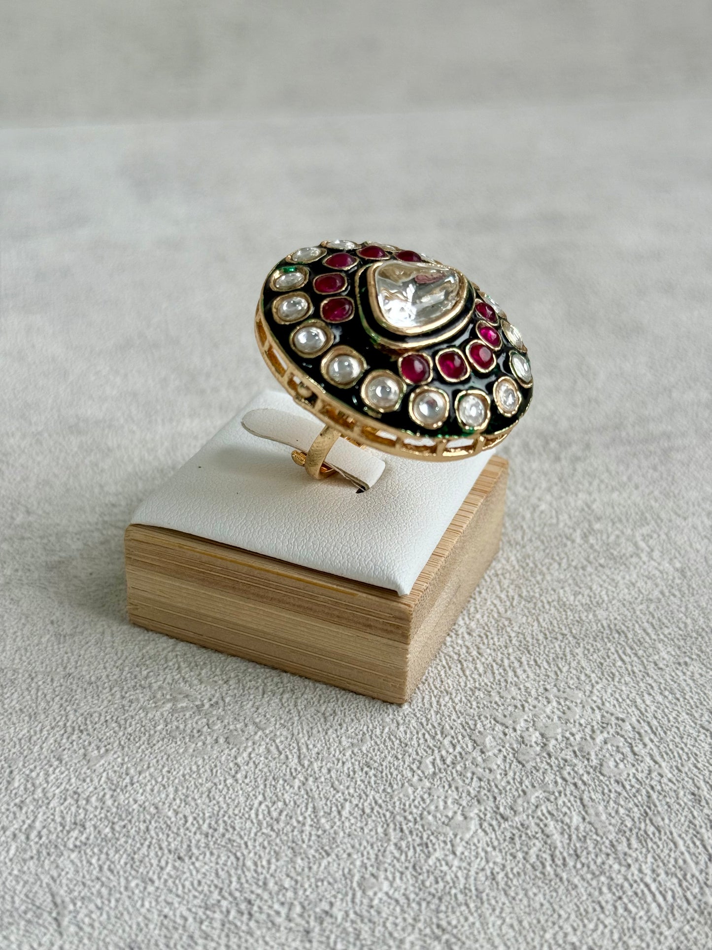 Ayura Designs Firdos Adjustable Ring – Mirror-Cut Stone Statement Ring with Green Enamel & Ruby Pink Detailing