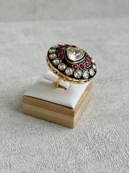 Ayura Designs Firdos Adjustable Ring – Mirror-Cut Stone Statement Ring with Green Enamel & Ruby Pink Detailing