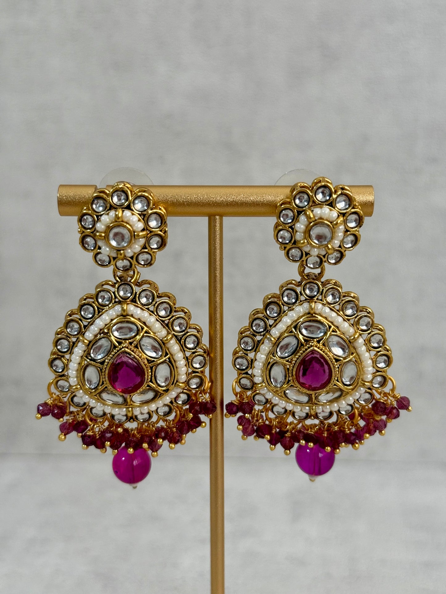 Ayura Designs Tehreem Set with Necklace, Earrings & Tikka – Mirror-Cut Stones, Magenta Beads & Antique Gold Finish