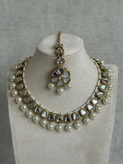 Ayura Designs Mishal Set with Jhumkis & Tikka – Ivory Pearls & Mirror-Cut Stones