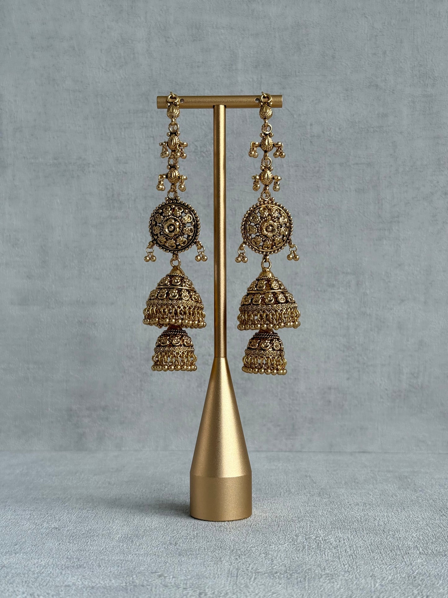 Ayura Designs Chhavi Sahare Jhumkis – Antique Gold Finish with Double Dome Design