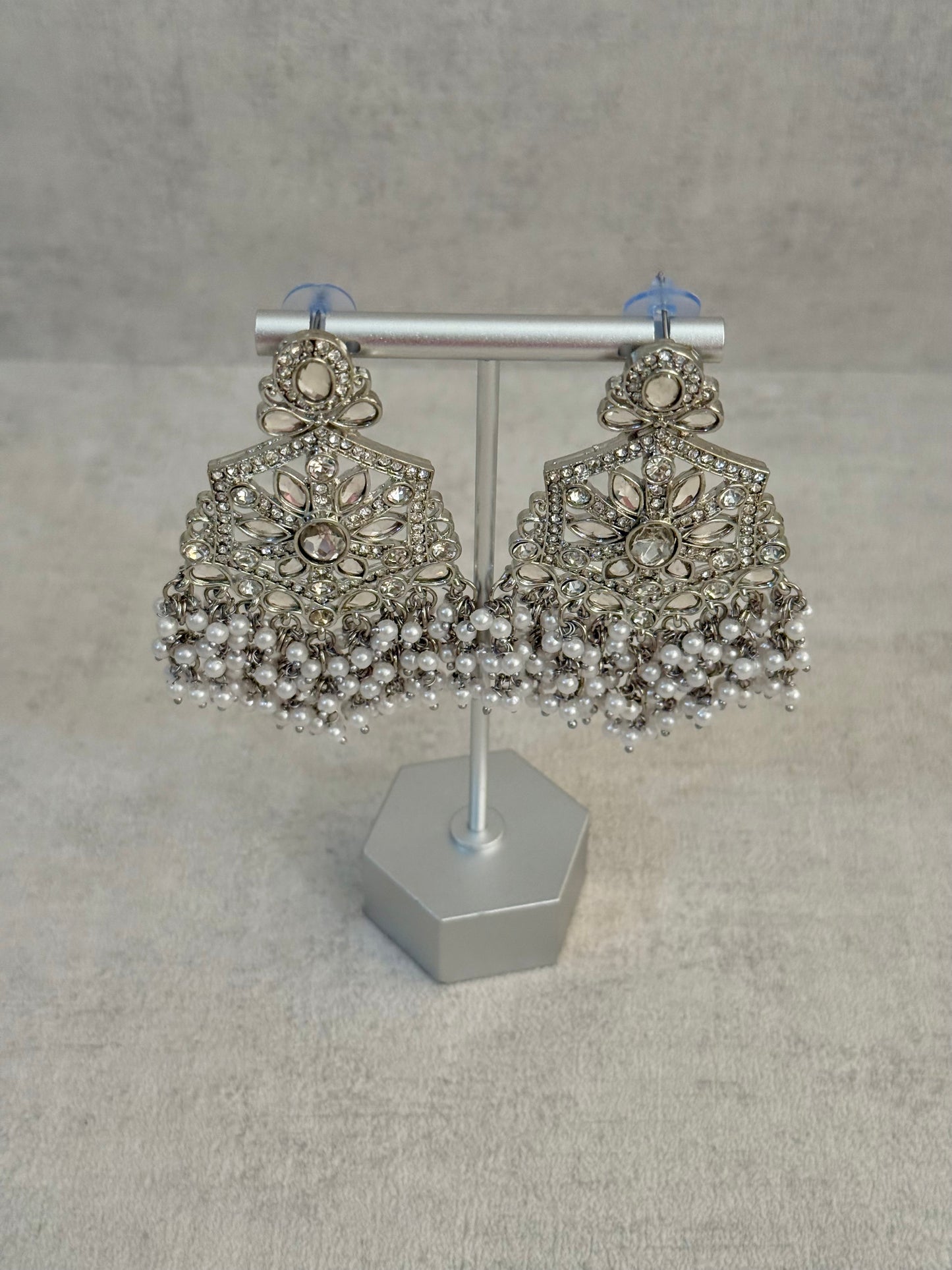 Ayura Designs Prija Earrings – Crystal Floral Chandeliers with Pearl Cluster Drops