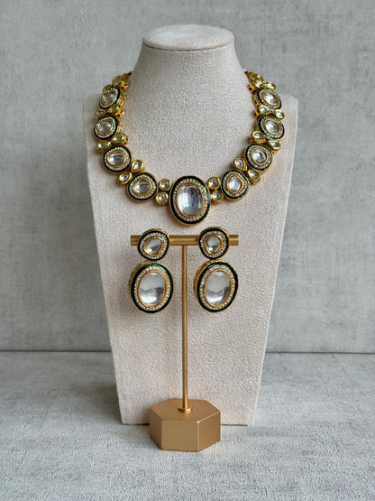 Ayura Designs Sahiba Set – Gold and Emerald Green Kundan Necklace with Oversized Oval Stones and Matching Drop Earrings
