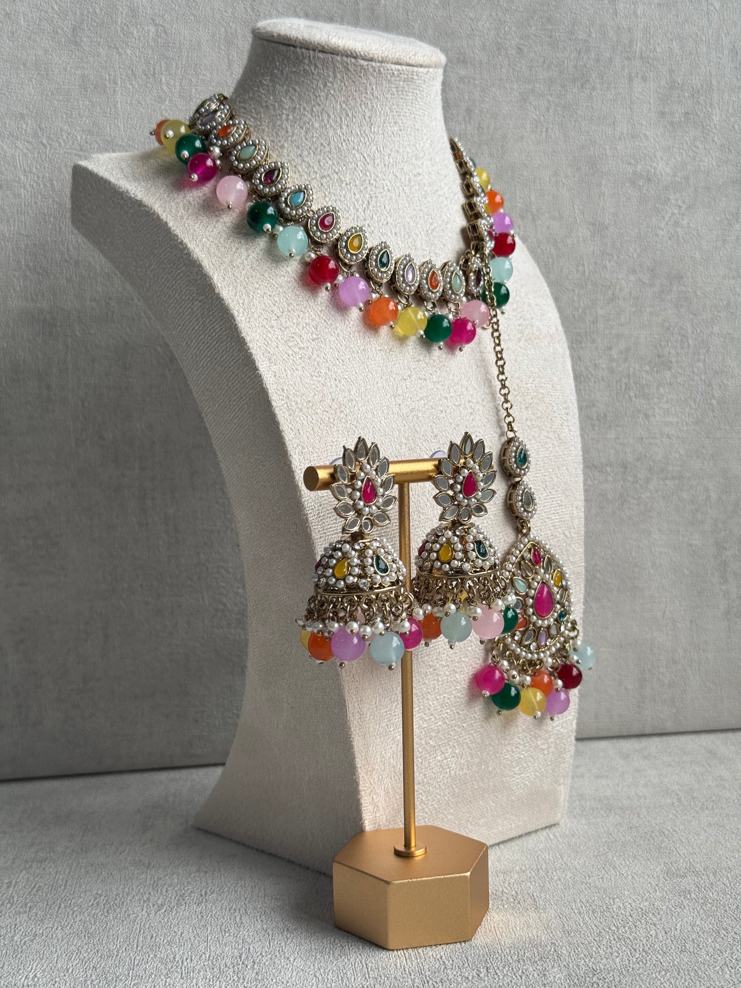 Ayura Designs Aanya Set – Multicolored Kundan Necklace with Mirror Work Jhumkis & Tikka