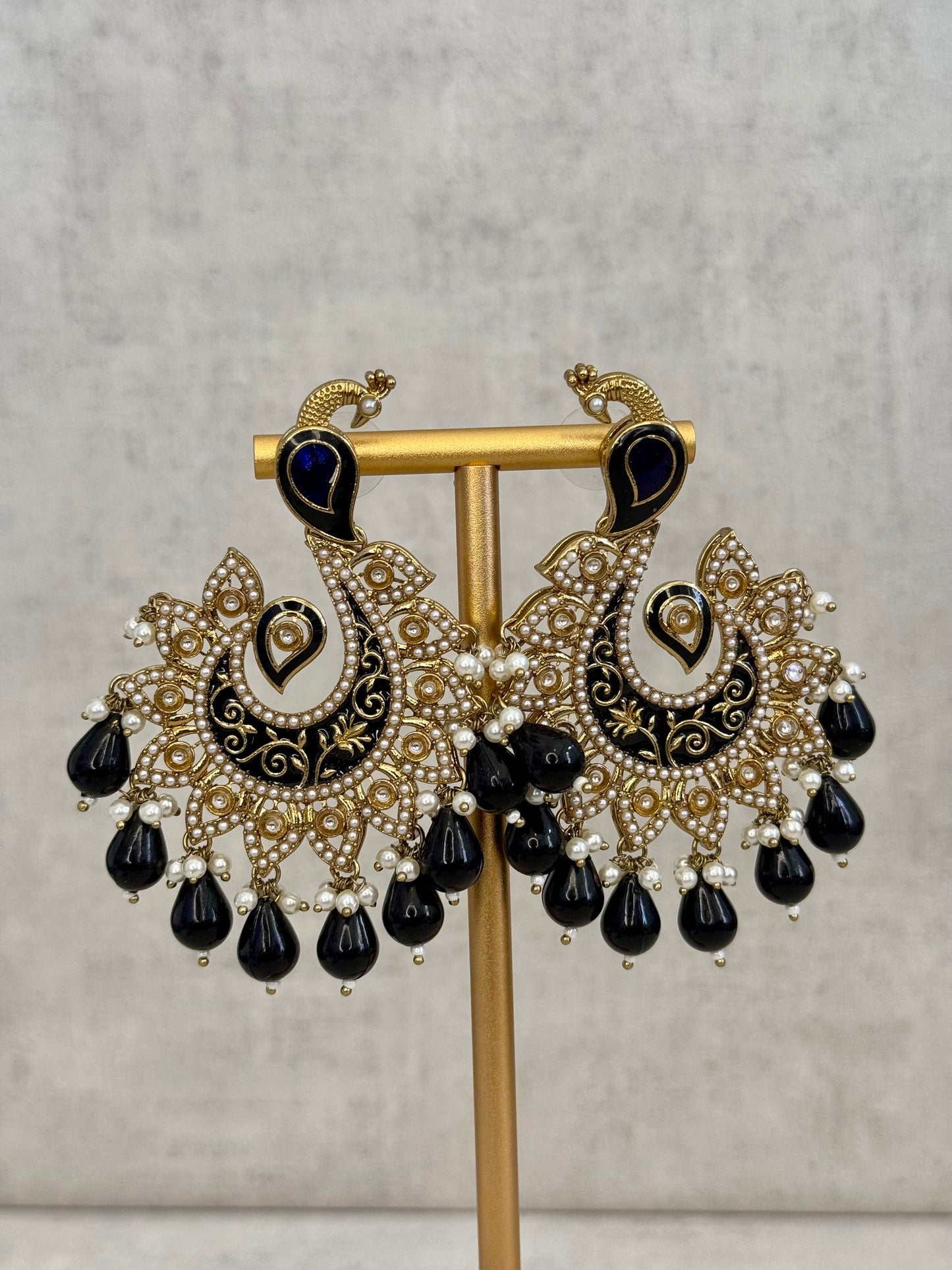 Ayura Designs Moorni Earrings – Peacock-Inspired Chandbalis with Navy Blue Meenakari, Kundan, and Pearl Accents