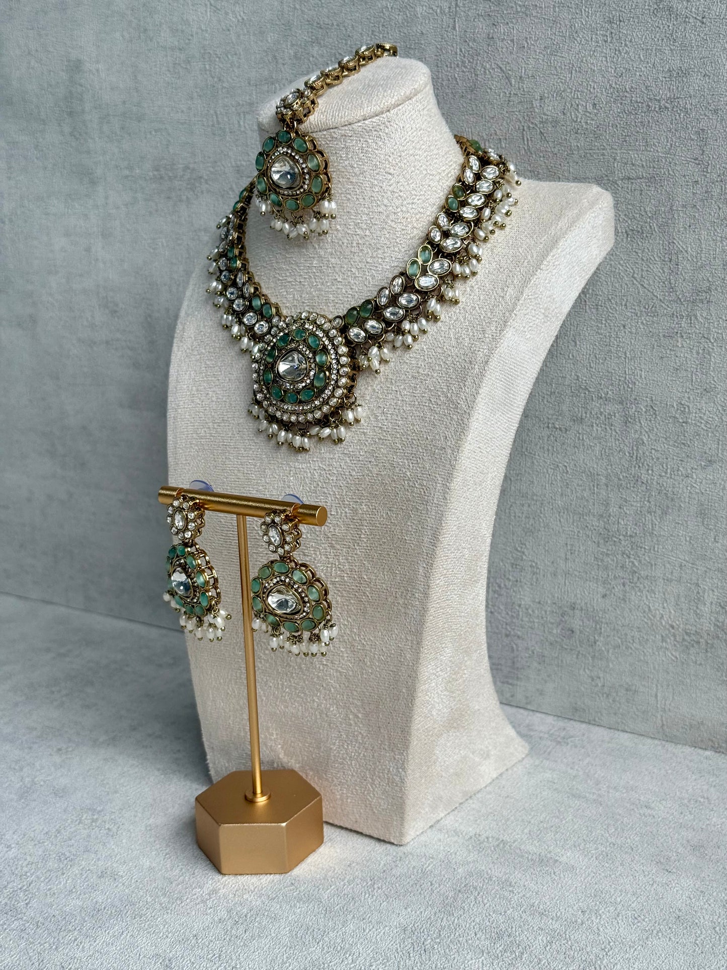 Ayura Designs Warda Set with Earrings & Tikka – Pistachio Green Ovals, Mirror-Cut Stones & Ivory Pearls