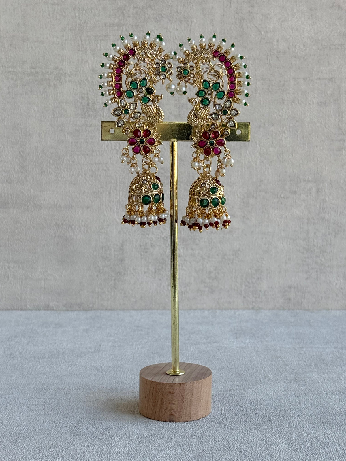 Ayura Designs Nitya Kaanphool Jhumkis – Gold Half Ear Cuff Earrings, Peacock Motifs, Pink & Emerald Green Kundan, Pearl Drops & Sahare