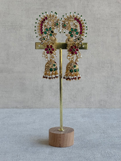 Ayura Designs Nitya Kaanphool Jhumkis – Gold Half Ear Cuff Earrings, Peacock Motifs, Pink & Emerald Green Kundan, Pearl Drops & Sahare