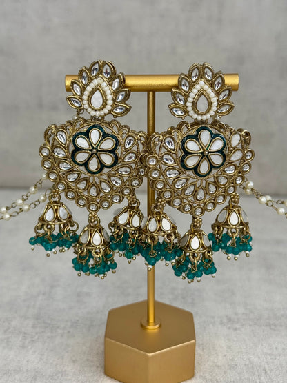 Ayura Designs Issa Earrings – Opulent Gold & Sahare Chandbali Jhumkas with Deep Emerald Green Enamel, Polki Kundan & Pearl Accents