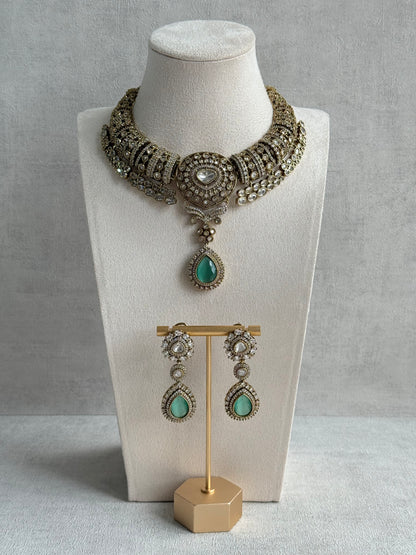 Ayura Designs Ahana Necklace Set with Earrings – Mint Green Teardrop Stones & Moissanite Detailing