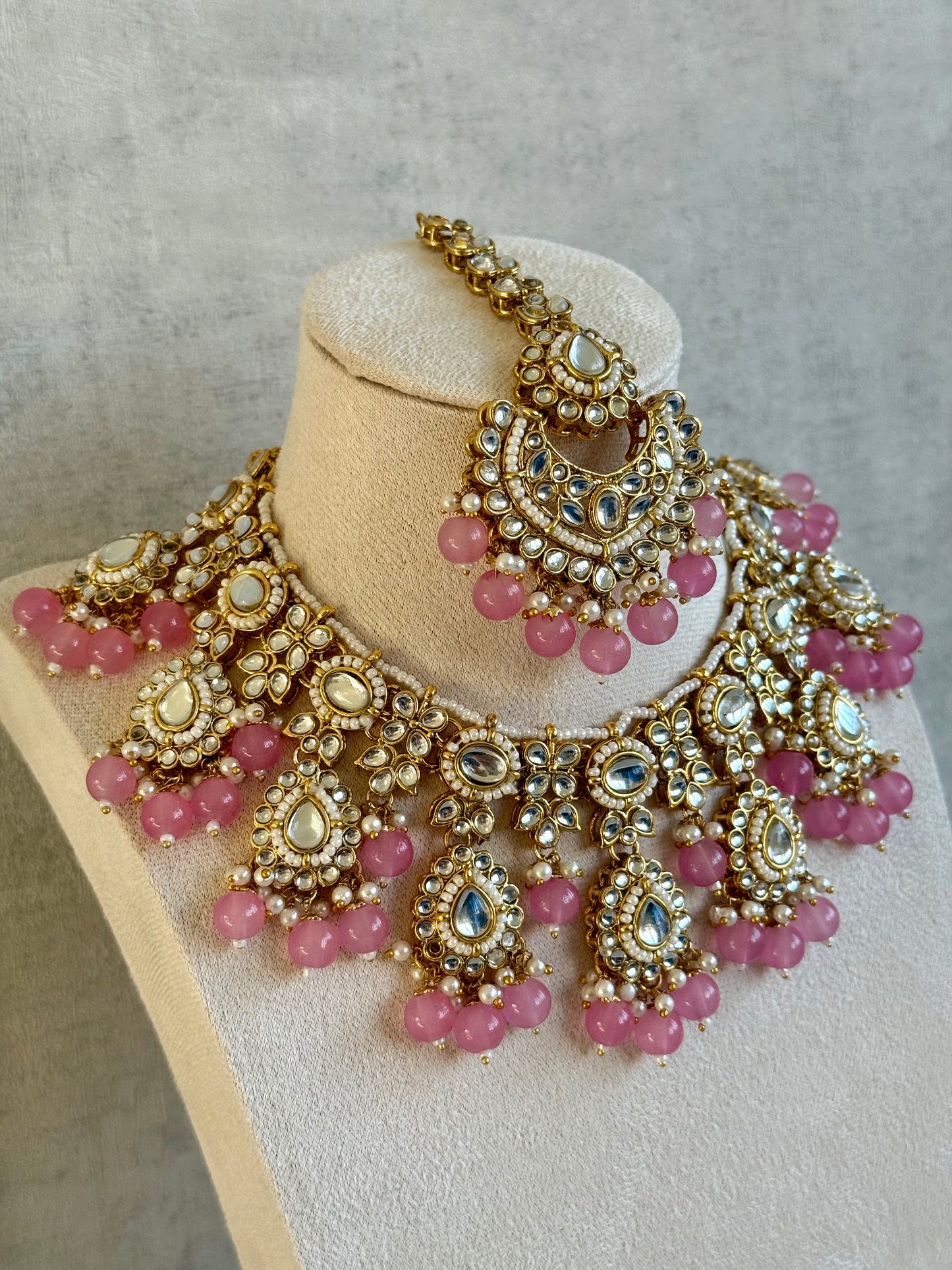 Ayura Designs Iyla Set with Necklace, Earrings & Tikka – Kundan Detailing, Ivory Pearl Drops & Soft Pink Beads