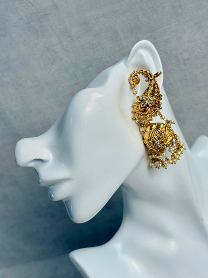 Ayura Designs Anika Jhumkis – Gold Half Ear Cuffs with Floral Motif, Kundan Crystals & Pearl Jhumka Drops