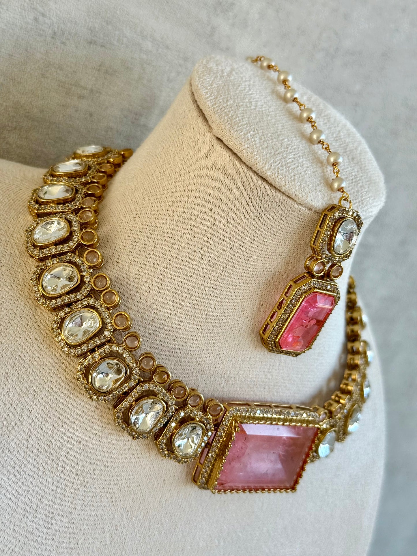 Ayura Designs Clara Set with Earrings and Tikka – Rose Quartz Pink Stones with Moissanite and Antique Gold Finish
