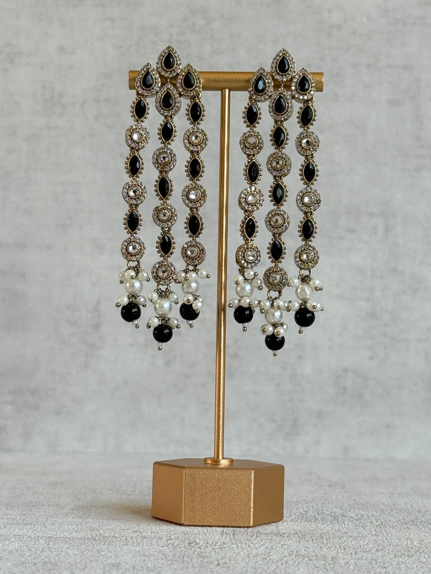 Ayura Designs Emilia Earrings – Gold Triple Strand Statement Earrings with Black Stones & Pearl Drops
