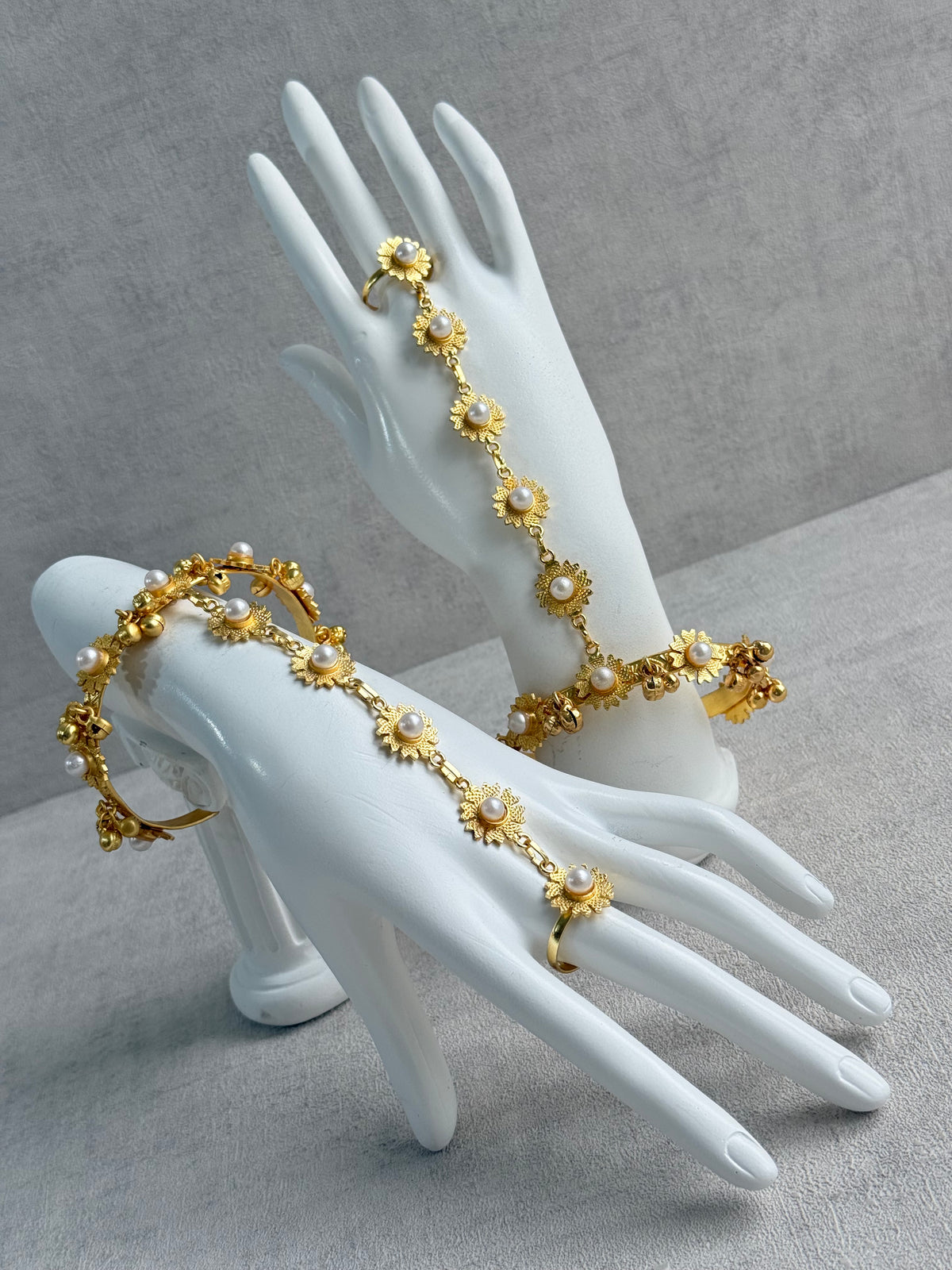 Ayura Designs Avanti Haathphool Set of 2 – Gold Finish Floral Hand Harness with Ivory Pearls & Ghungroo Detailing