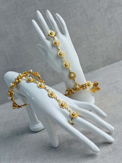 Ayura Designs Avanti Haathphool Set of 2 – Gold Finish Floral Hand Harness with Ivory Pearls & Ghungroo Detailing