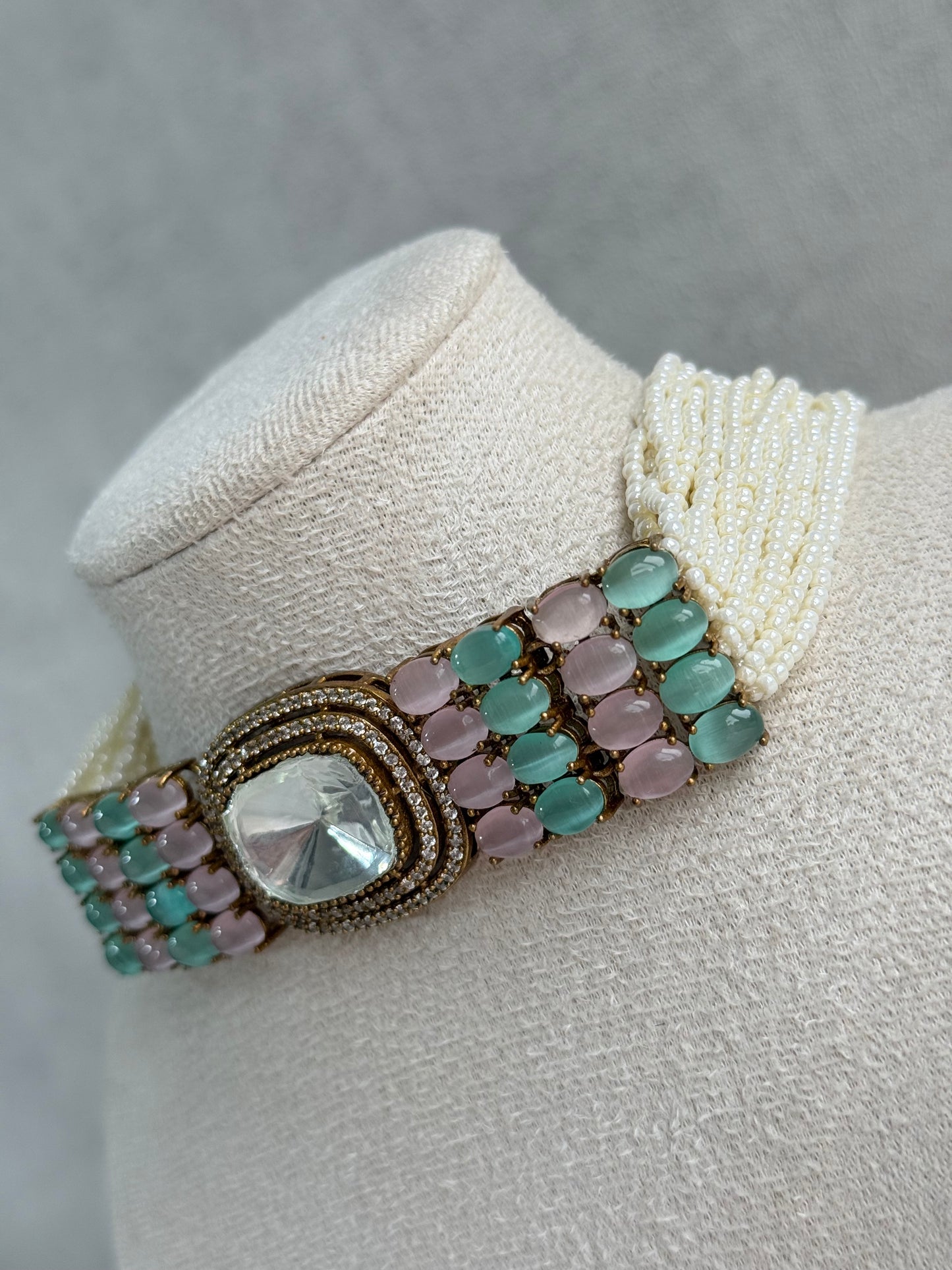 Ayura Designs Emma Choker Set – Mint Green & Blush Pink Gemstone Choker & Studs with Mirror-Cut Centrepiece, Pearl Strands & Crystal Borders