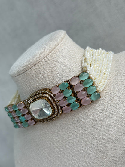 Ayura Designs Emma Choker Set – Mint Green & Blush Pink Gemstone Choker & Studs with Mirror-Cut Centrepiece, Pearl Strands & Crystal Borders