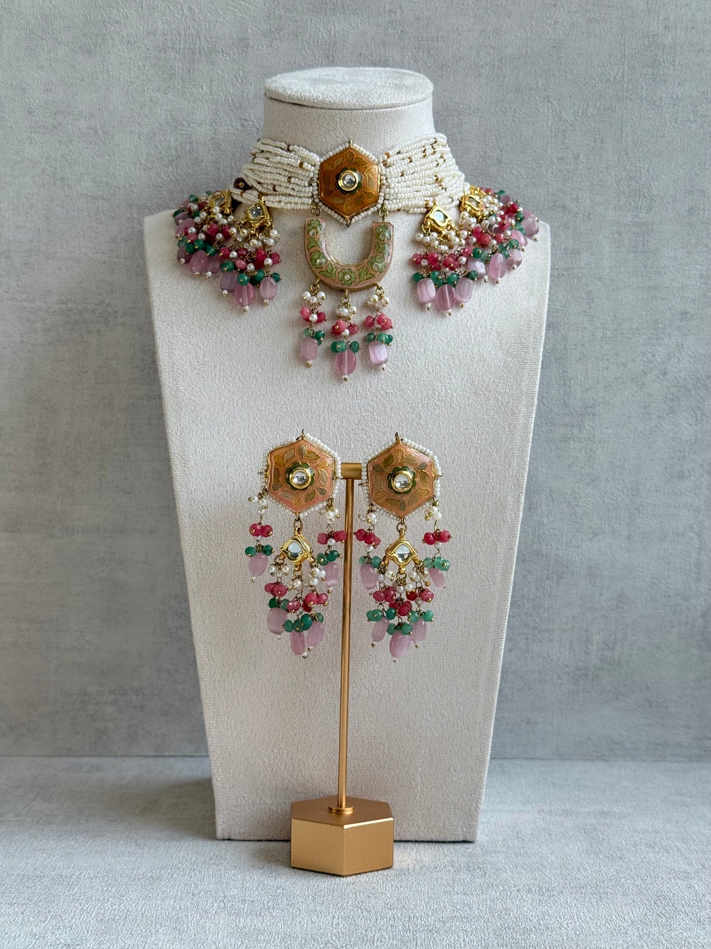 Ayura Designs Elizaar Meenakari Kundan Choker Set with Earrings – Blush Pink & Emerald Green Bead Detailing