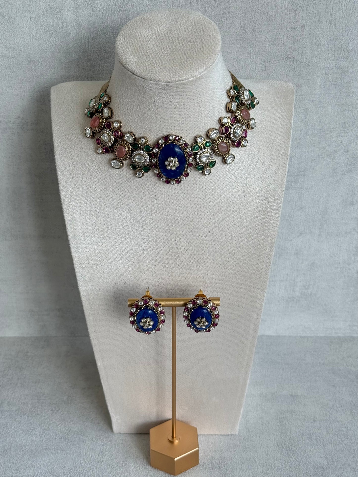Ayura Designs Nova Necklace Set with Stud Earrings – Sapphire Blue Centre Stone, Kundan Detailing & Multicolour Gemstone Accents