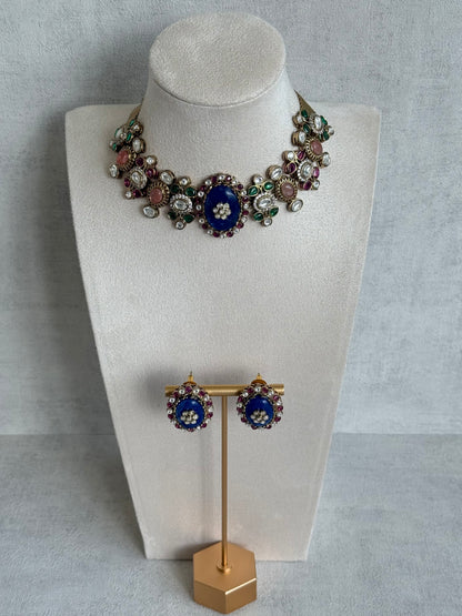 Ayura Designs Nova Necklace Set with Stud Earrings – Sapphire Blue Centre Stone, Kundan Detailing & Multicolour Gemstone Accents