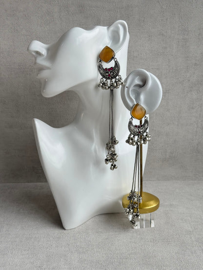 Ayura Designs Zarfa Earrings – Oxidised Earrings with Amber Stones, Hanging Ghungroo Chains & Crescent Detailing
