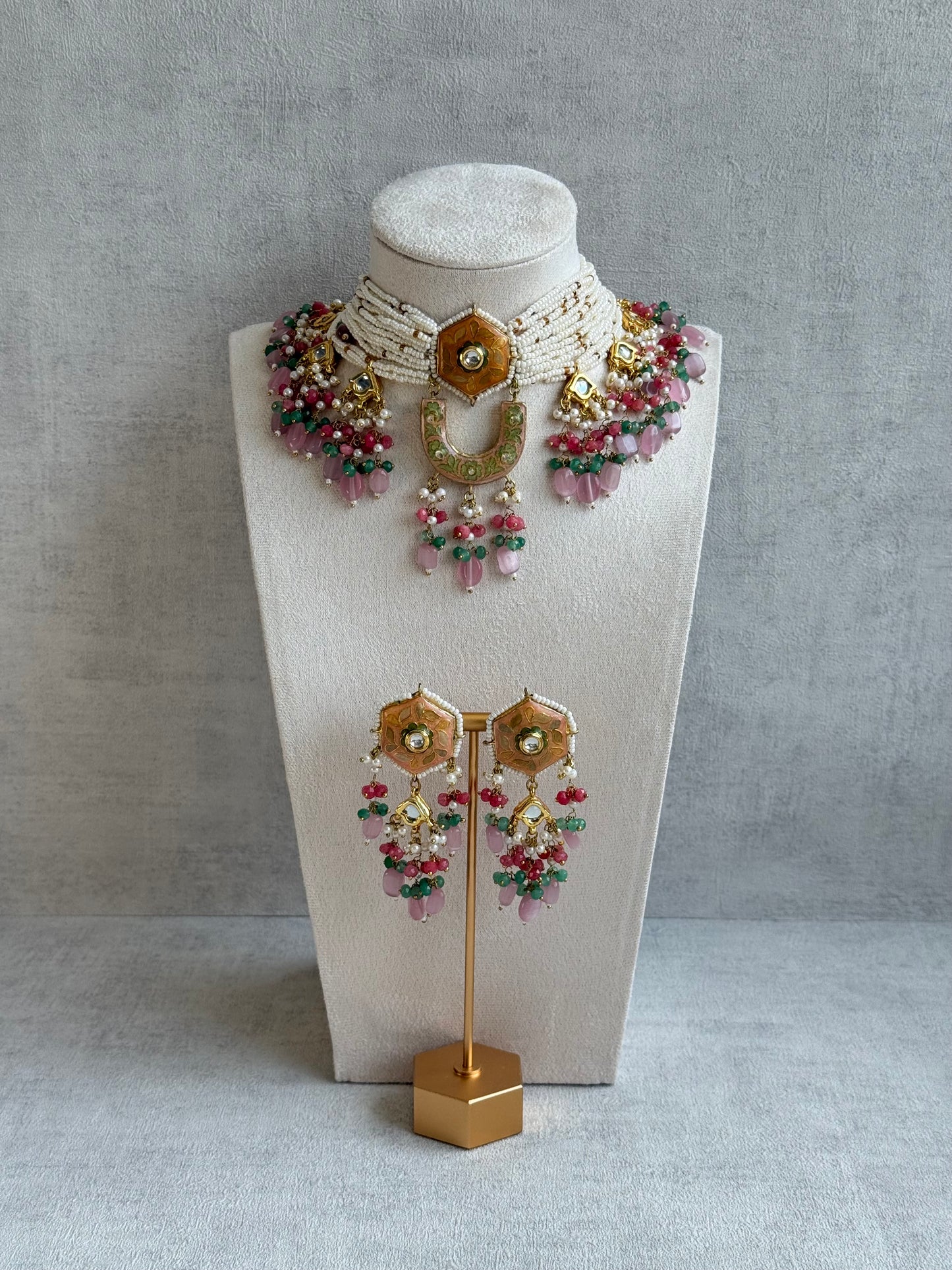 Ayura Designs Elizaar Meenakari Kundan Choker Set with Earrings – Blush Pink & Emerald Green Bead Detailing
