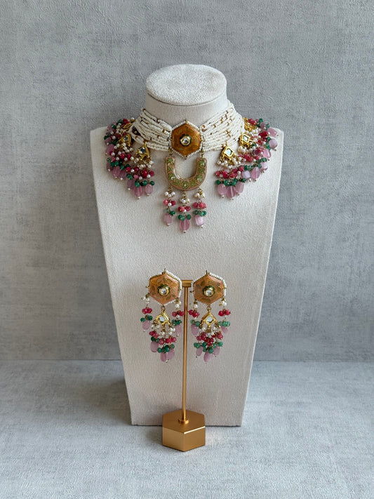 Ayura Designs Elizaar Meenakari Kundan Choker Set with Earrings – Blush Pink & Emerald Green Bead Detailing