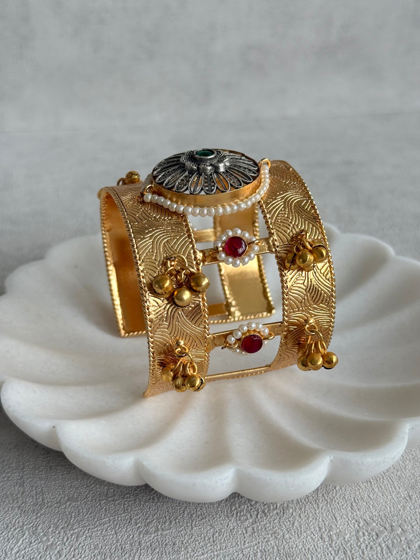 Ayura Designs Omita Adjustable Kashmiri Cuff Bracelet – Floral Medallion with Pearl, Ruby & Emerald Detailing