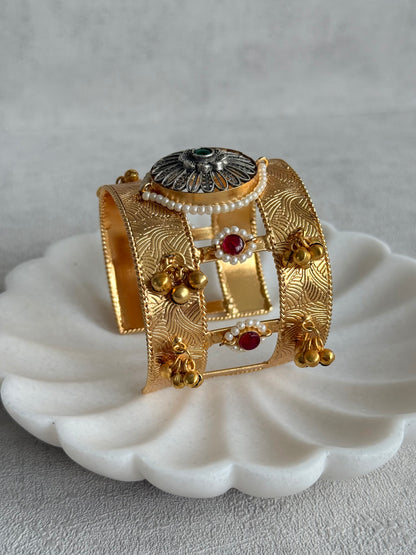 Ayura Designs Omita Adjustable Kashmiri Cuff Bracelet – Floral Medallion with Pearl, Ruby & Emerald Detailing
