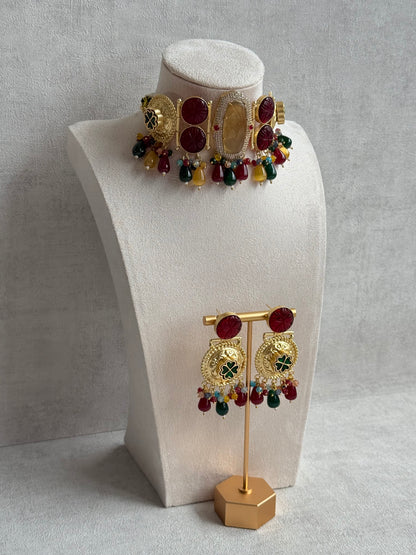 Ayura Designs Faizaan Choker Set with Earrings – Multicolour Stone Drops, Carved Ruby Details & Antique Gold Finish