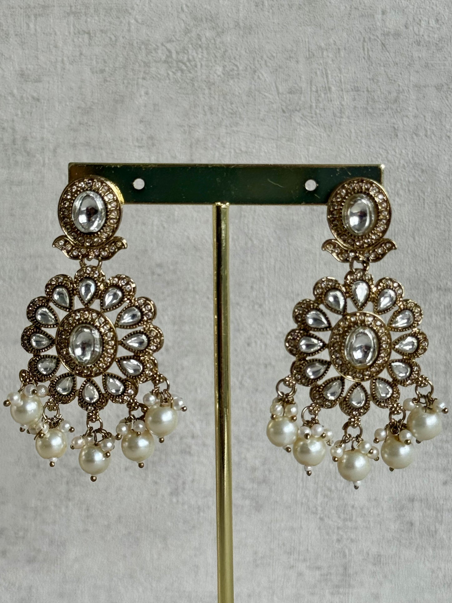 Ayura Designs Nevaya Set with Choker, Earrings & Tikka – Antique Gold with Mirror-Cut Stones & Pearl Drops