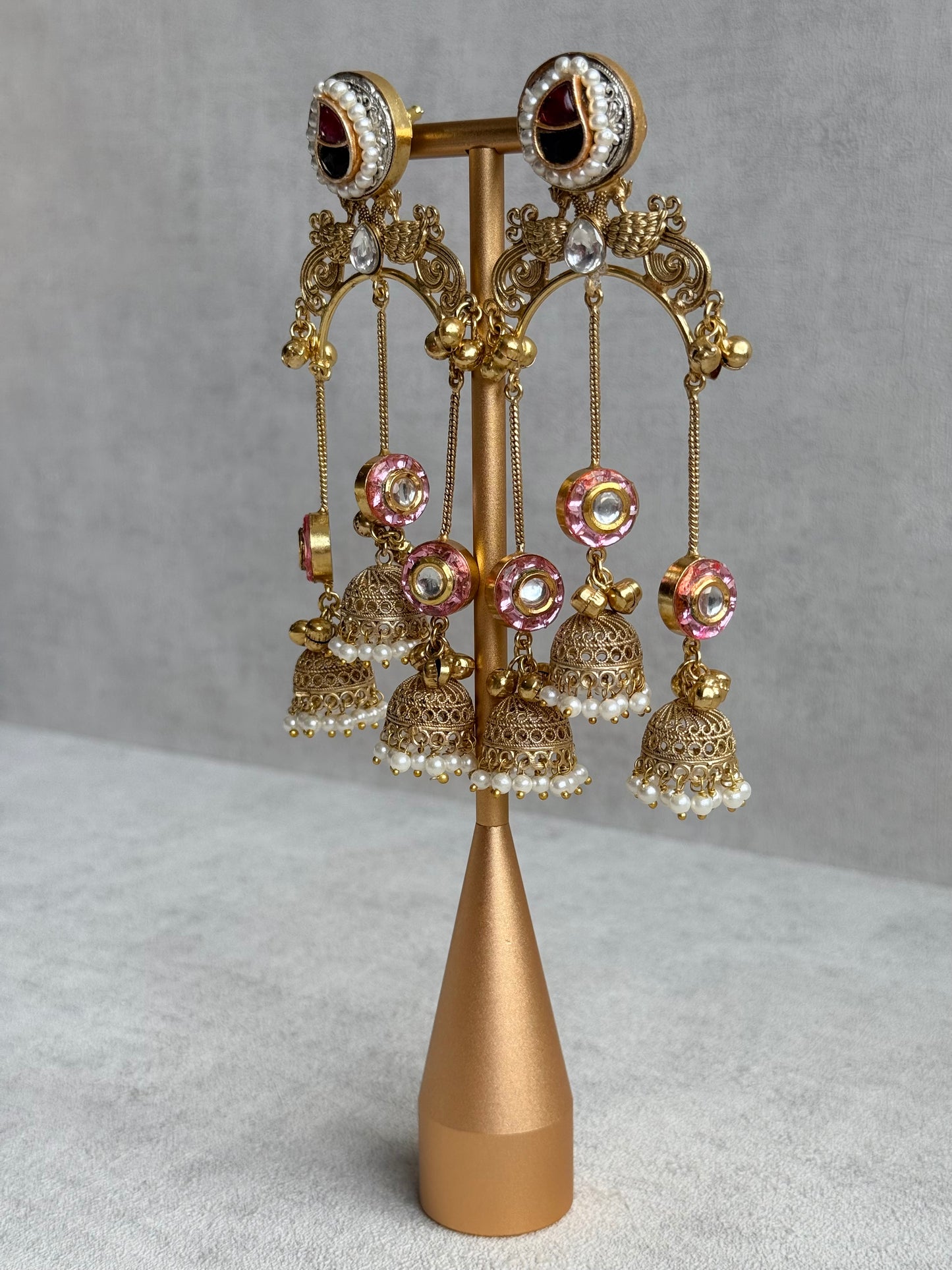 Ayura Designs Arzina Earrings – Triple Jhumki Earrings with Blush Pink Stones, Pearl Borders & Gold Detailing
