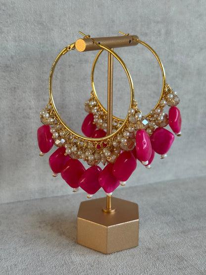 Ayura Designs Heer Balis – Gold Hoops with Hot Pink Marble Beads, Pearls & Crystal Detailing