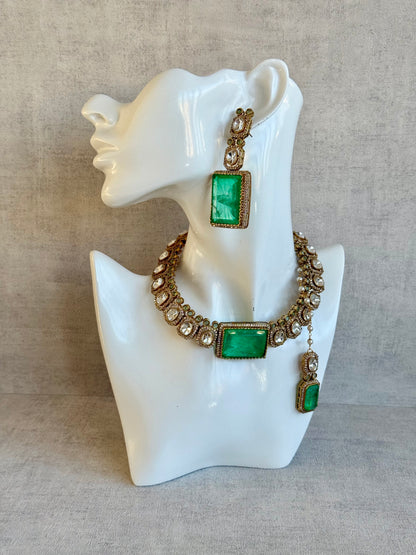 Ayura Designs Clara Set with Earrings & Tikka — Jade Green Moissanite Stones and Antique Gold Finish