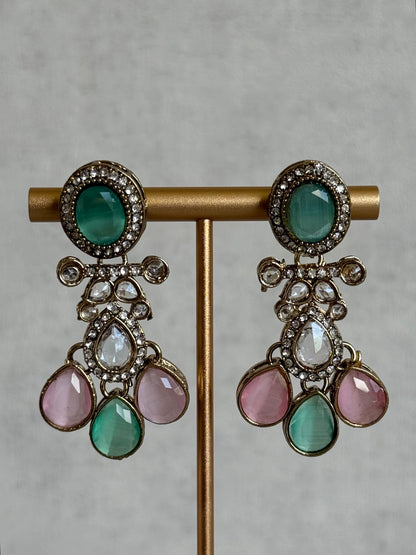Ayura Designs Ava Necklace Set with Earrings & Tikka – Mint Green & Blush Pink Stone Necklace Set in Antique Gold Finish