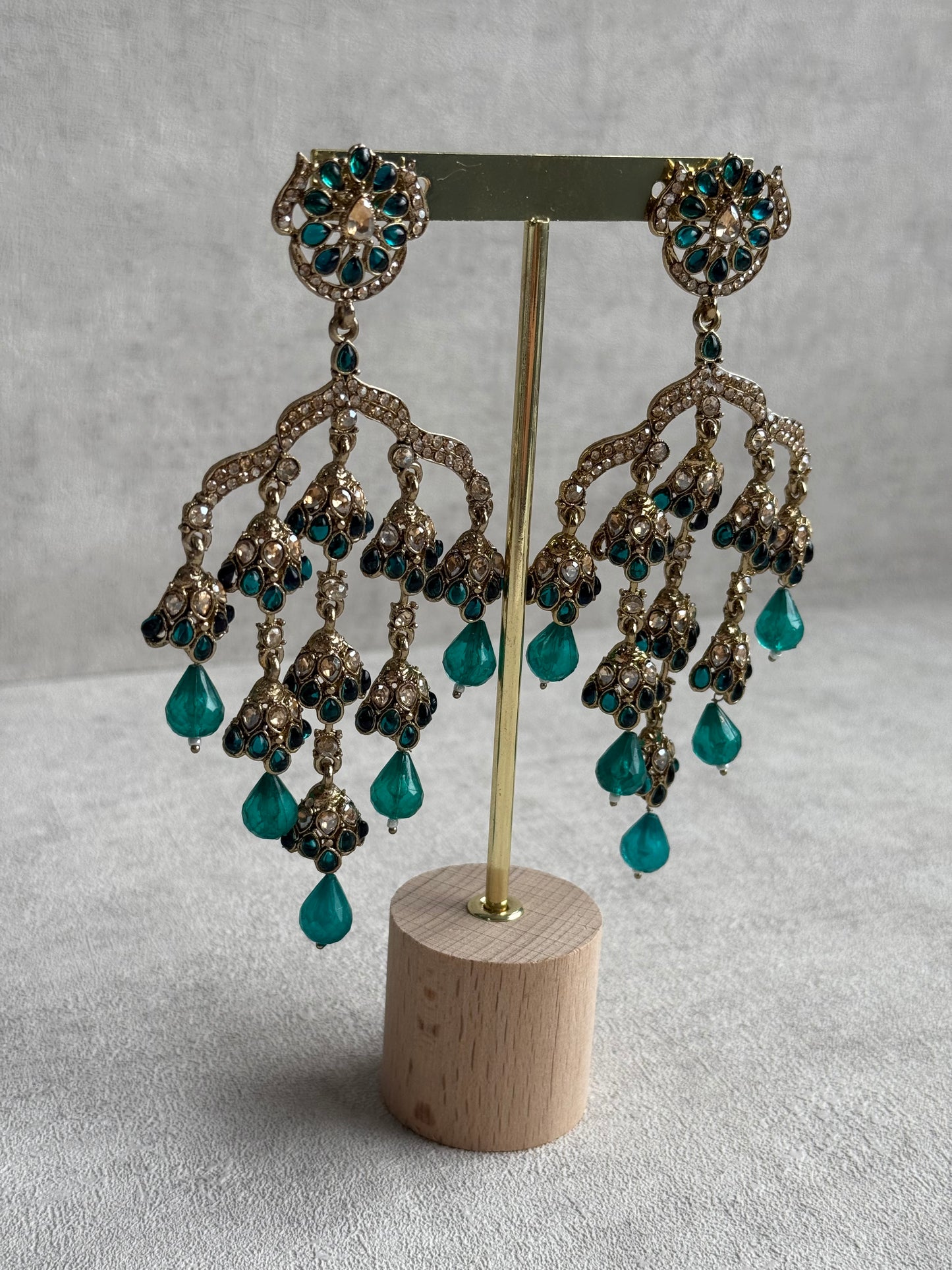 Ayura Designs Jasmine Earrings – Chandelier Earrings with Teal Green Beads & Antique Gold Detailing