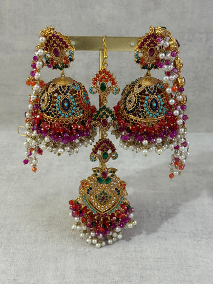 Ayura Designs Noor Set – Choker, Jhumkis with Sahare & Tikka in Multicolour with Pearl Detailing