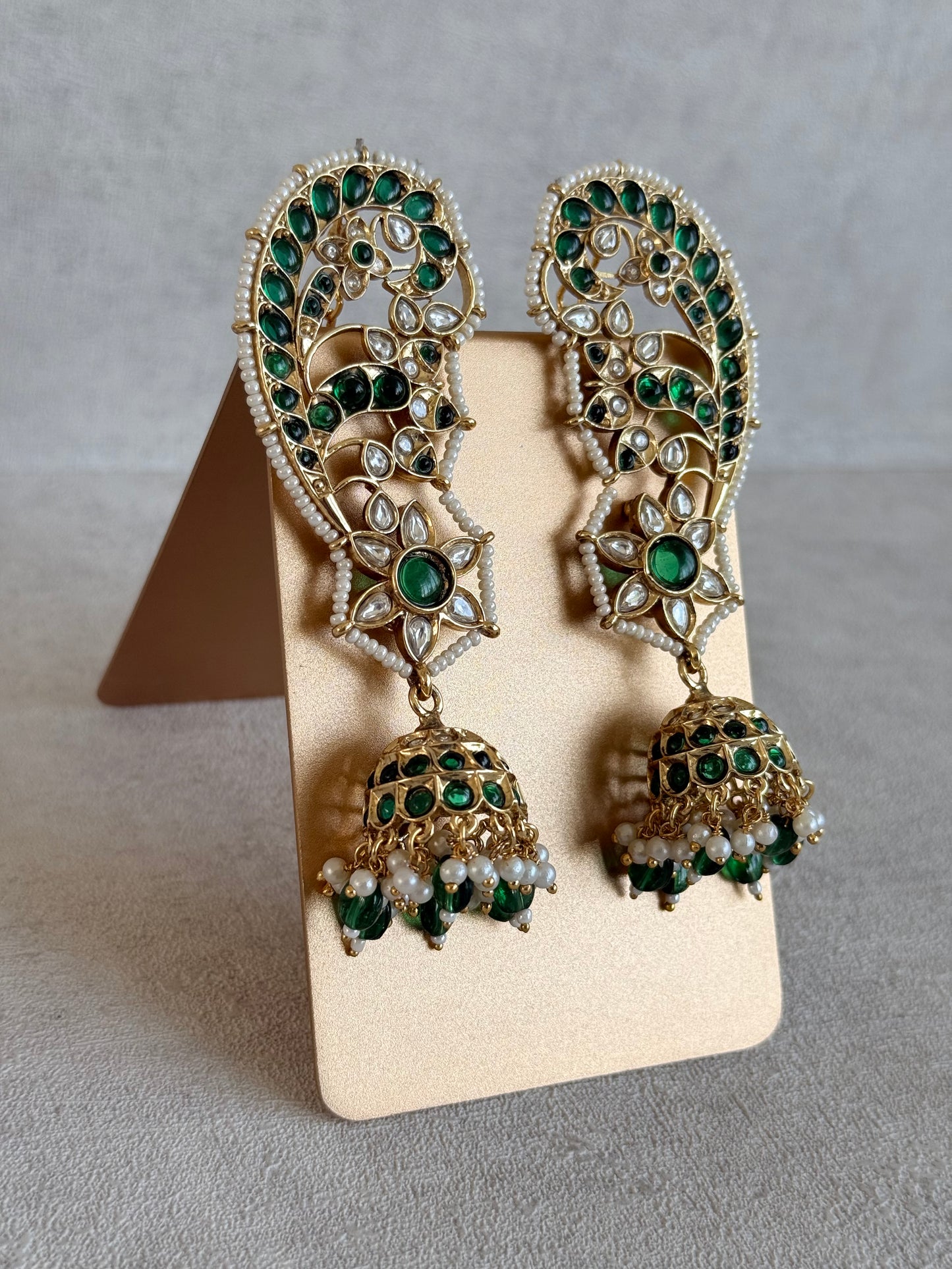 Ayura Designs Urisha Ear Climber Jhumkis – Emerald Green, Kundan & Pearl Detailing