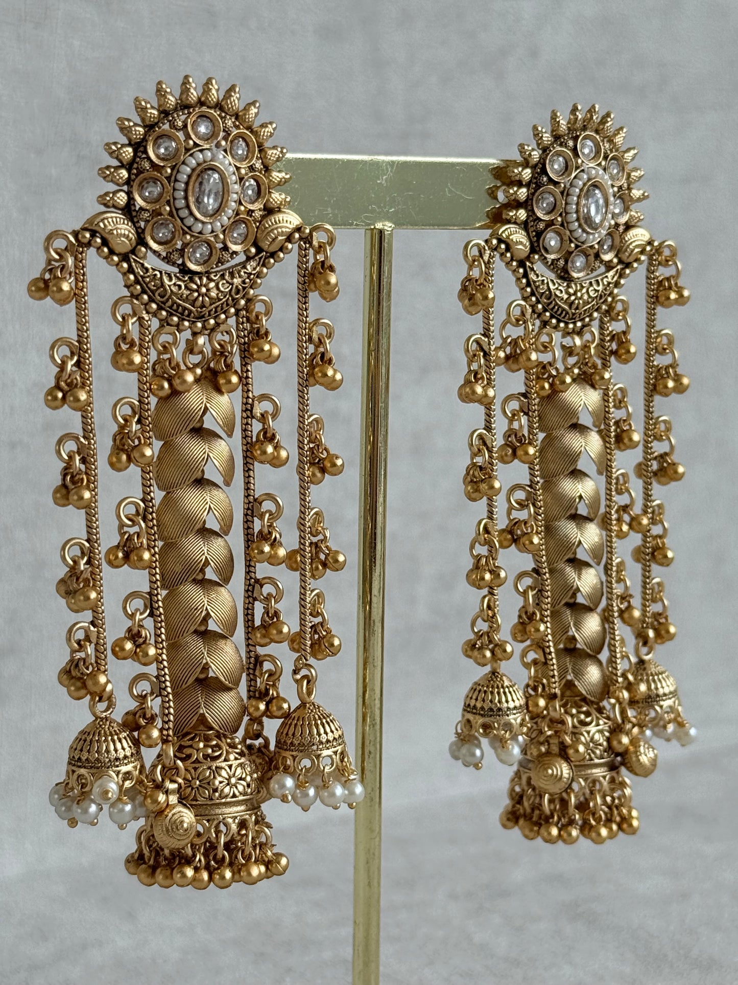 Ayura Designs Ishya Jhumkis – Gold Ghungroo Chain Earrings with Ivory Kundan & Pearls