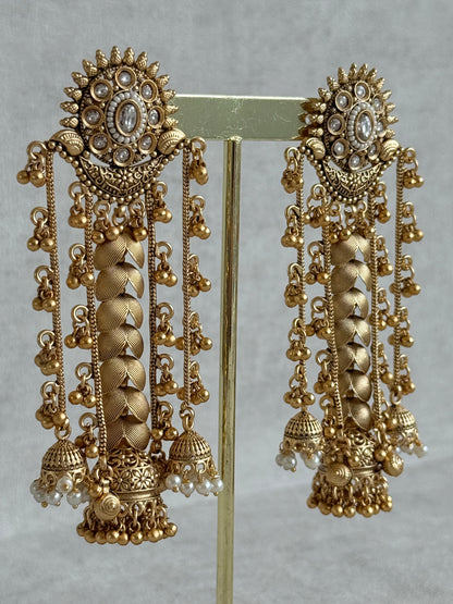 Ayura Designs Ishya Jhumkis – Gold Ghungroo Chain Earrings with Ivory Kundan & Pearls