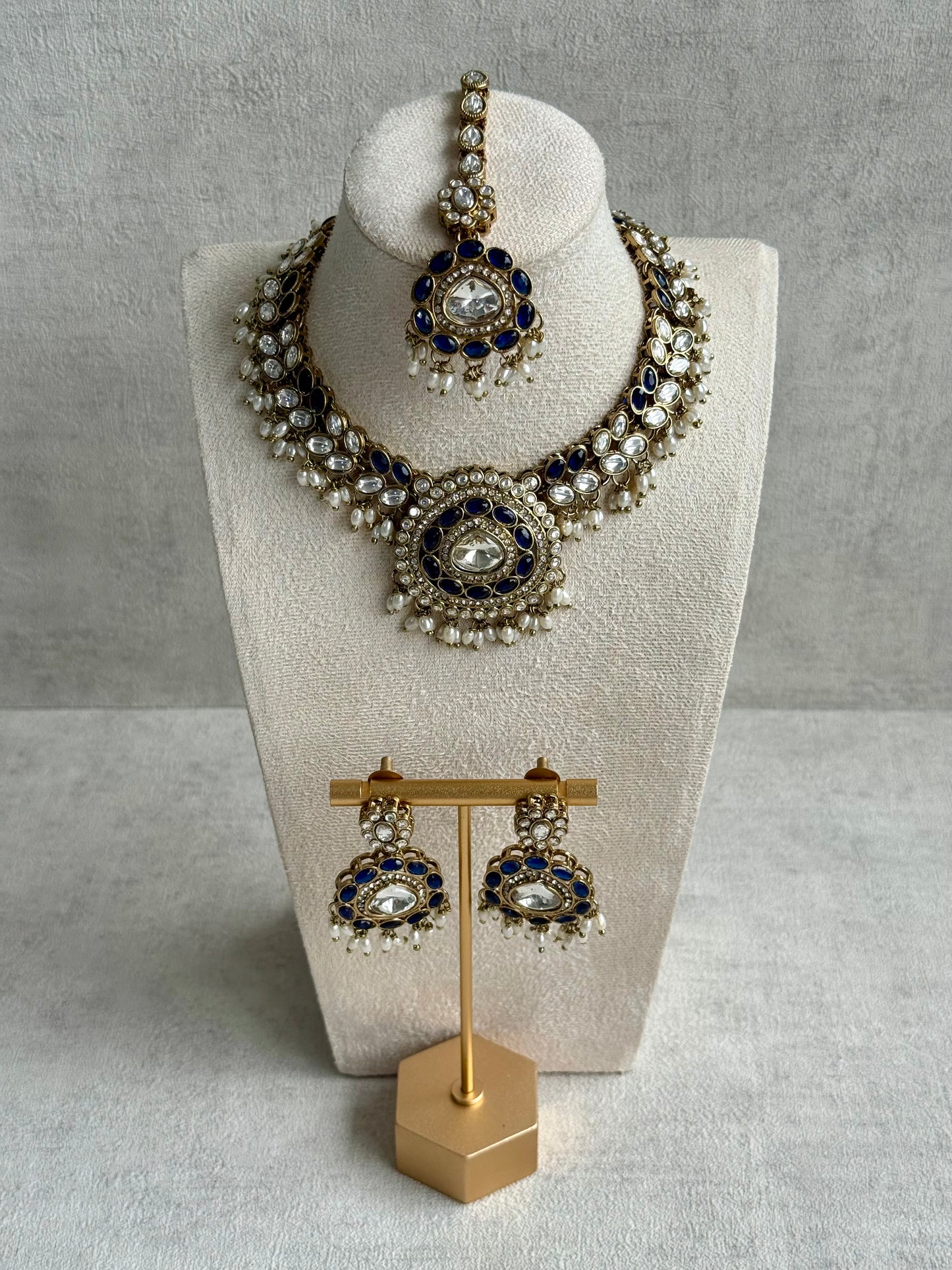 Ayura Designs Warda Set with Earrings & Tikka – Ink Blue Ovals, Mirror-Cut Stones & Ivory Pearls