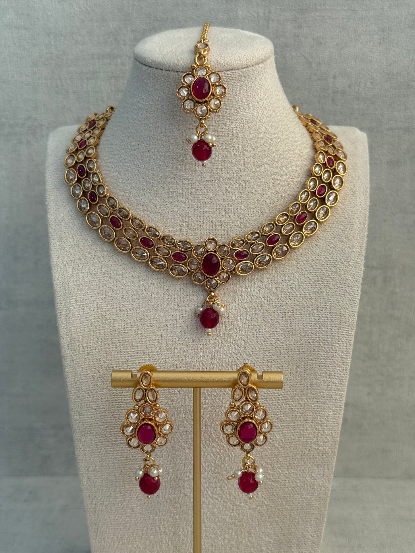 Ayura Designs Biju Set with Necklace, Earrings & Tikka – Fuchsia Pink & Ivory Pearls, Mirror-Cut Stones, Antique Gold Finish